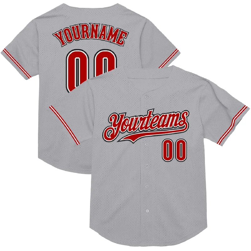 Personalized Baseball Jerseys For High School Teams-Custom Gray Red-Black Mesh Authentic Throwback Baseball Jersey