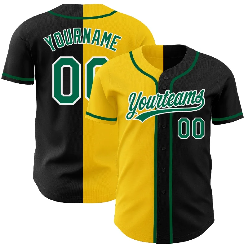 Custom Baseball Jerseys For Youth Teams-Custom Black Kelly Green-Yellow Authentic Split Fashion Baseball Jersey