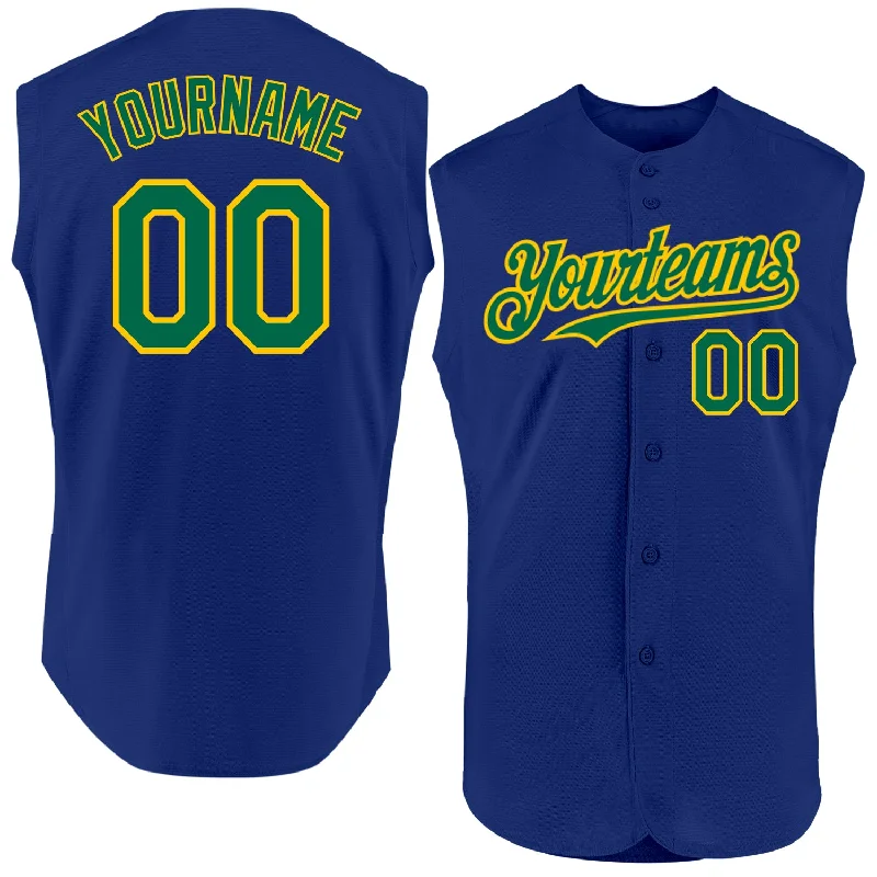 Personalized Baseball Jerseys For Team Traditions-Custom Royal Kelly Green-Yellow Authentic Sleeveless Baseball Jersey