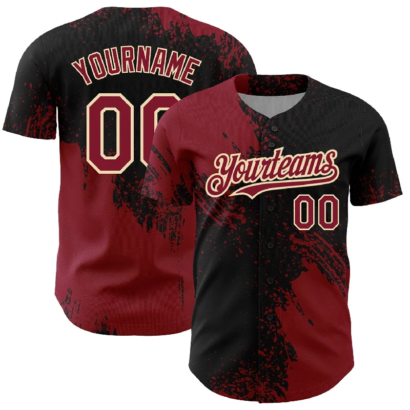 Personalized Baseball Jerseys For Teams-Custom Crimson Black-Cream 3D Pattern Design Abstract Brush Stroke Authentic Baseball Jersey