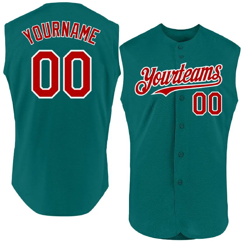 Custom Baseball Jerseys For High School Teams-Custom Teal Red-White Authentic Sleeveless Baseball Jersey