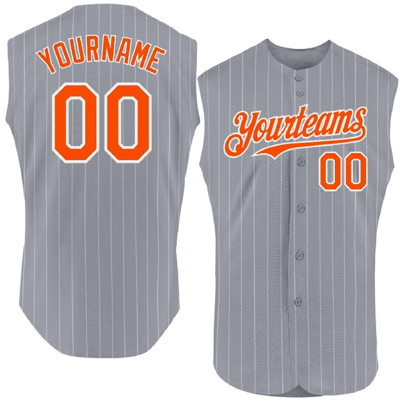 Personalized Baseball Jerseys For College Events-Custom Gray White Pinstripe Orange Authentic Sleeveless Baseball Jersey