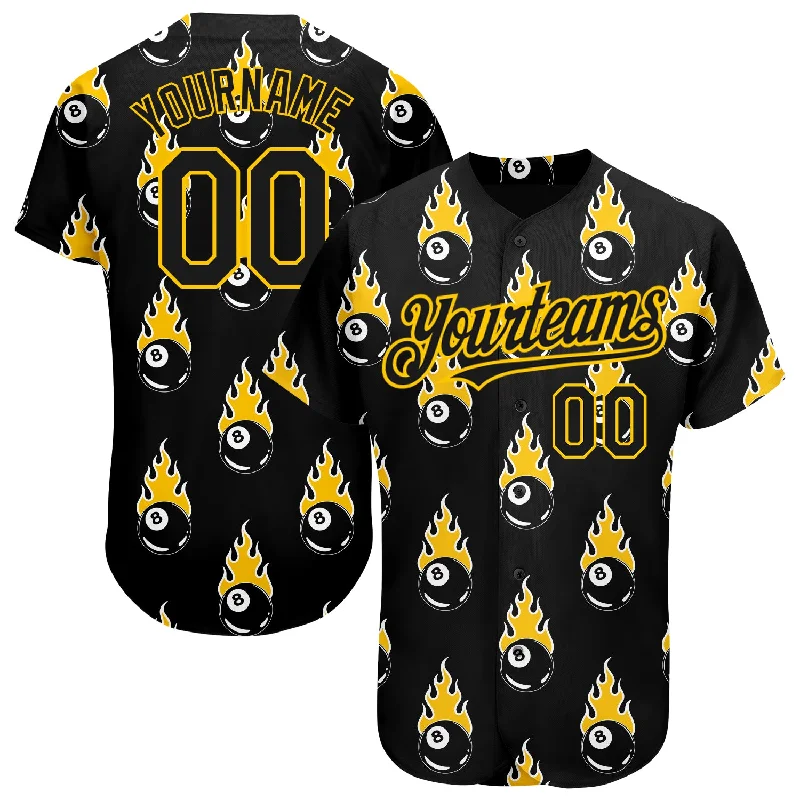 Personalized Baseball Jerseys For Fan Customization-Custom Black Gold 3D Pattern Design Flaming Billiards Snooker 8 Ball Authentic Baseball Jersey