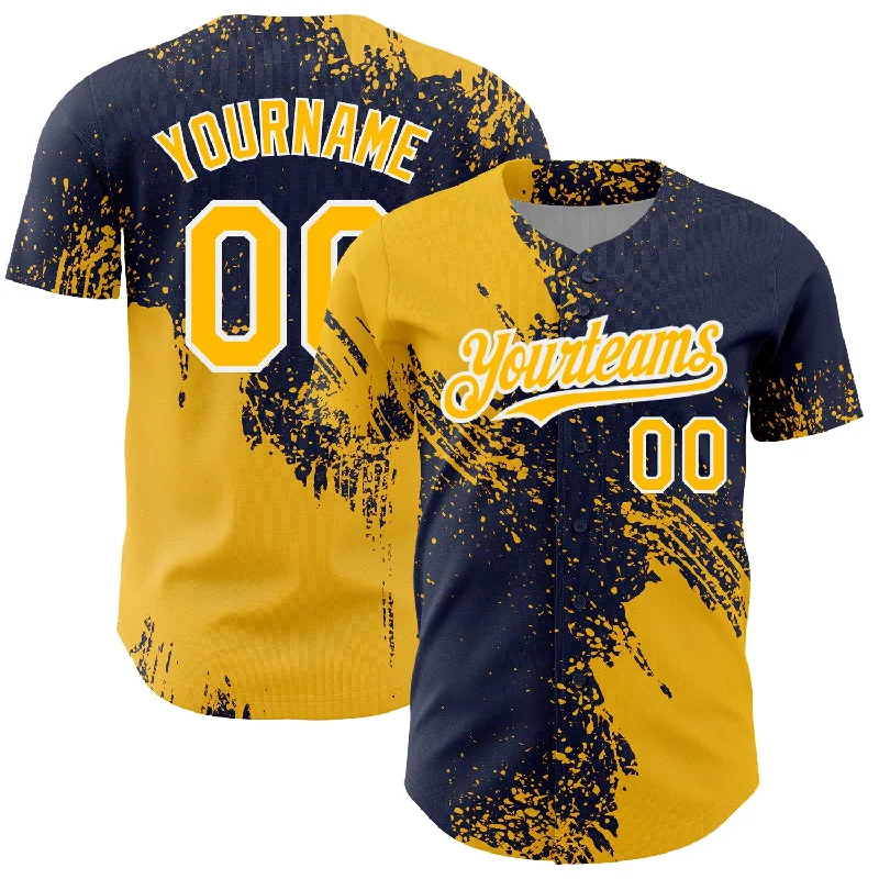 Custom Baseball Jerseys For Local Players-Custom Gold Navy-White 3D Pattern Design Abstract Brush Stroke Authentic Baseball Jersey