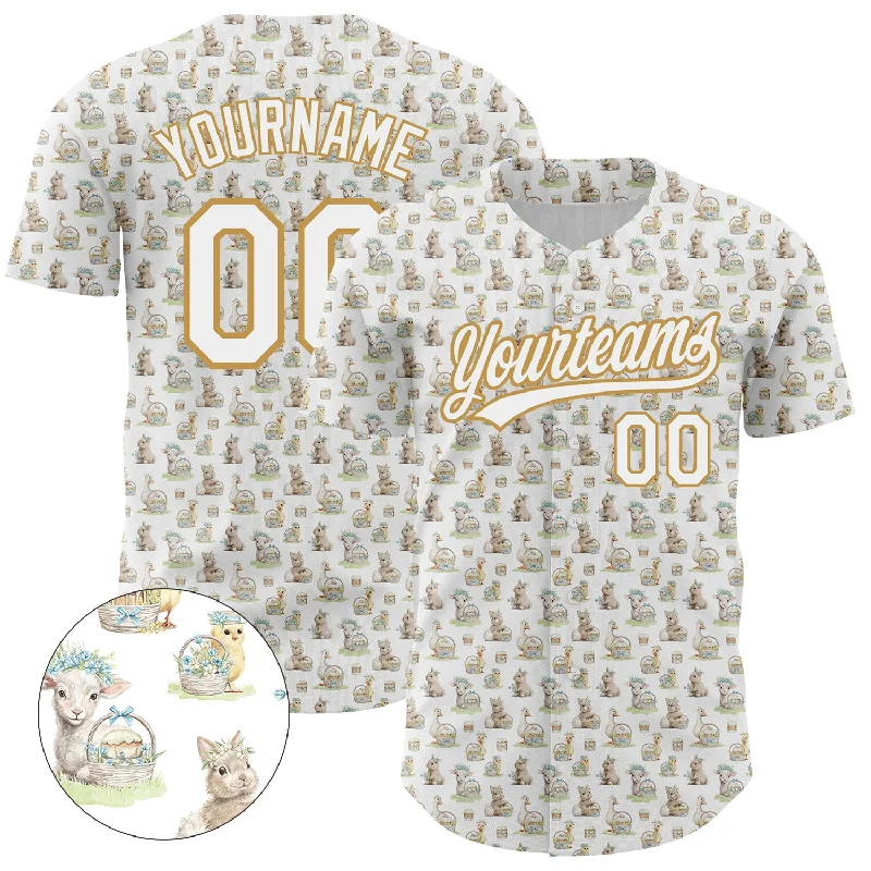 Custom Baseball Jerseys For Group Recognition-Custom White Old Gold 3D Pattern Design Animal Rabbit Sheep Chicken And Duck Authentic Baseball Jersey