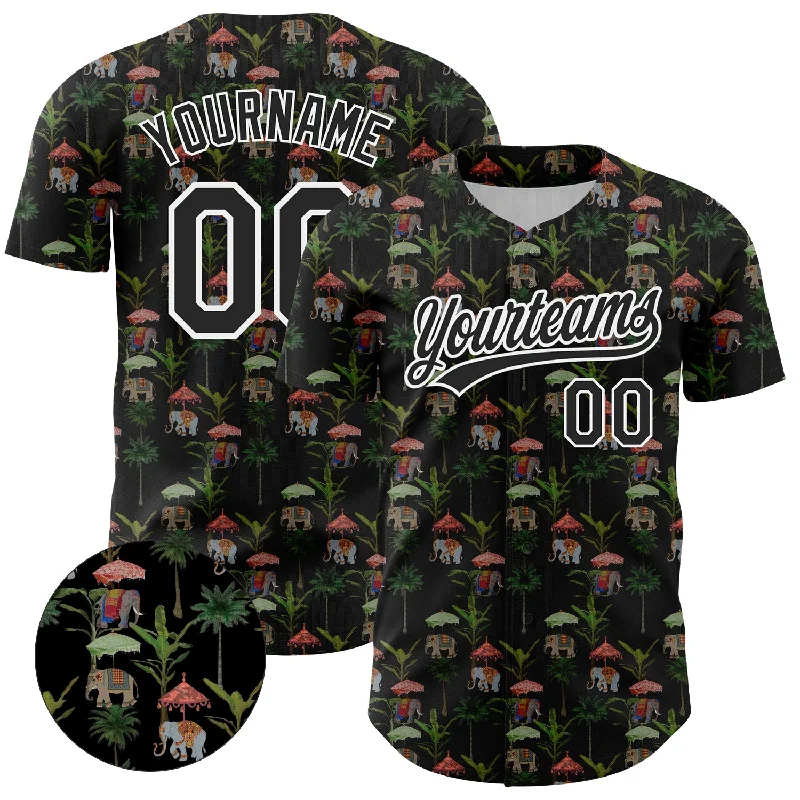 Custom Baseball Jerseys For Club Competitions-Custom Black White 3D Pattern Design Animal Elephant And Hawaii Palm Trees Authentic Baseball Jersey