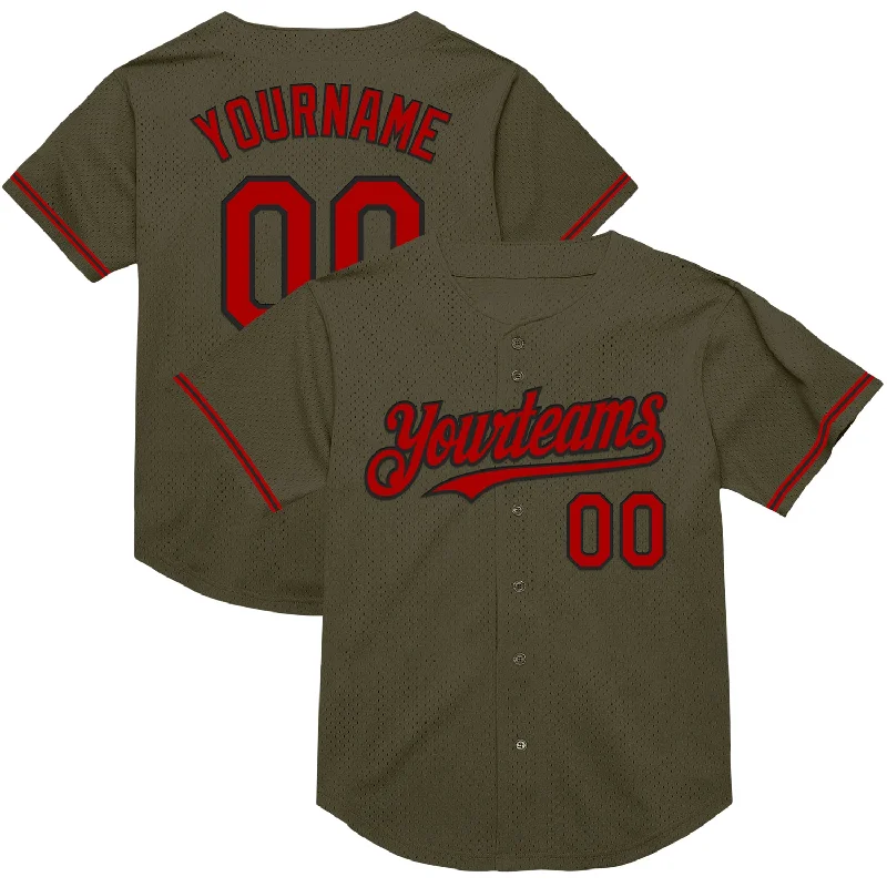 Personalized Baseball Jerseys For Sports Teams-Custom Olive Red-Black Mesh Authentic Throwback Salute To Service Baseball Jersey