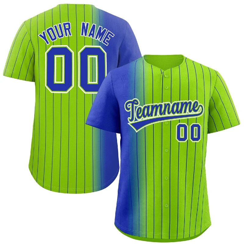 Custom Baseball Jerseys For Summer Leagues-Custom Neon Green Royal Pinstripe Personalized Gradient Authentic Baseball Jersey