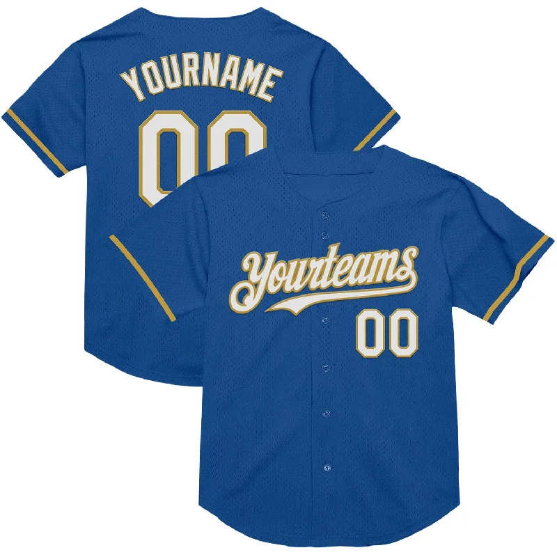 Personalized Baseball Jerseys For School Competitions-Custom Blue White-Old Gold Mesh Authentic Throwback Baseball Jersey