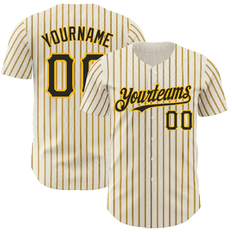 Custom Baseball Jerseys For Youth Competitions-Custom Cream (Black Gold Pinstripe) Black-Gold Authentic Baseball Jersey