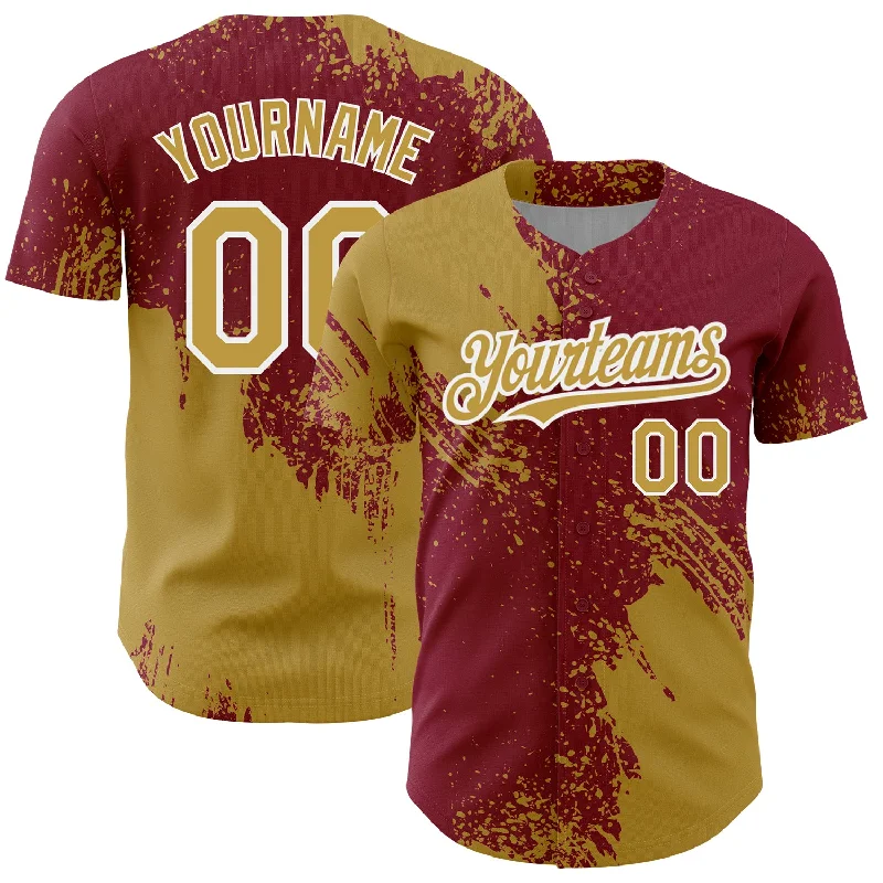 Personalized Baseball Jerseys For Players-Custom Old Gold Crimson-White 3D Pattern Design Abstract Brush Stroke Authentic Baseball Jersey