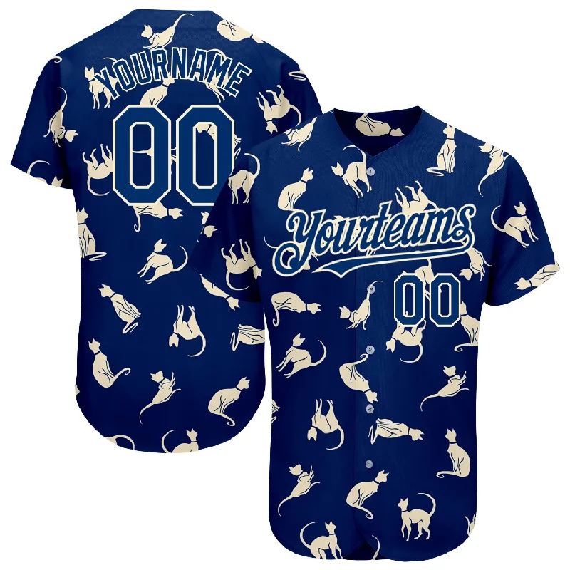 Personalized Baseball Jerseys For Charity Auctions-Custom US Navy Blue Cream 3D Pattern Design Cat Authentic Baseball Jersey