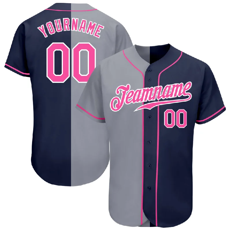 Custom Baseball Jerseys With Custom Fit-Custom Navy Pink-Gray Authentic Split Fashion Baseball Jersey