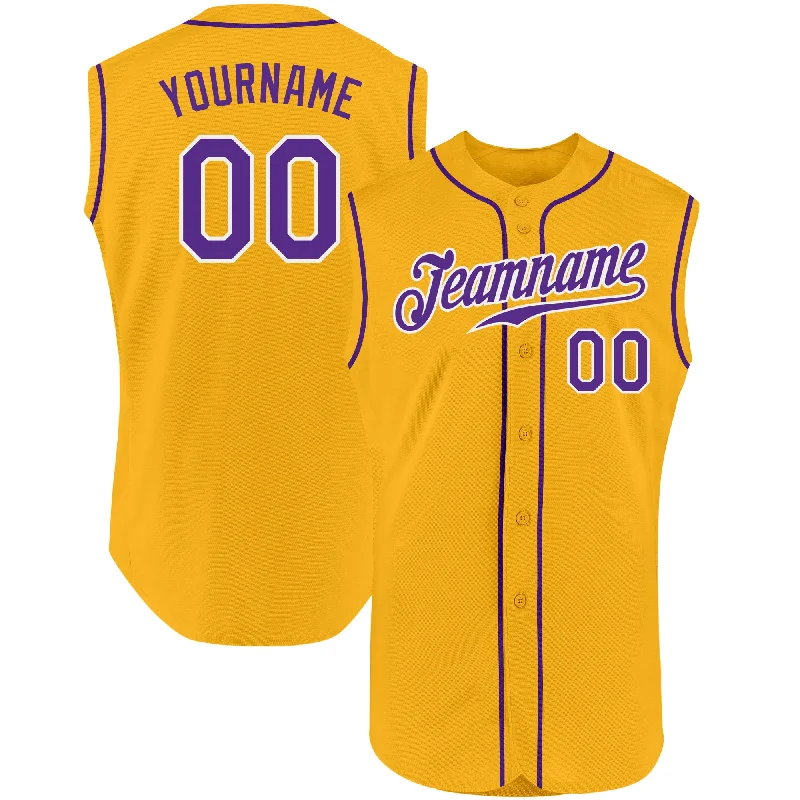 Custom Baseball Jerseys For Youth Competitions-Custom Gold Purple-White Authentic Sleeveless Baseball Jersey