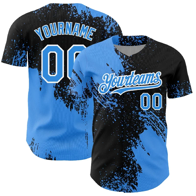 Baseball Jerseys For Community Support Events-Custom Electric Blue Black-White 3D Pattern Design Abstract Brush Stroke Authentic Baseball Jersey