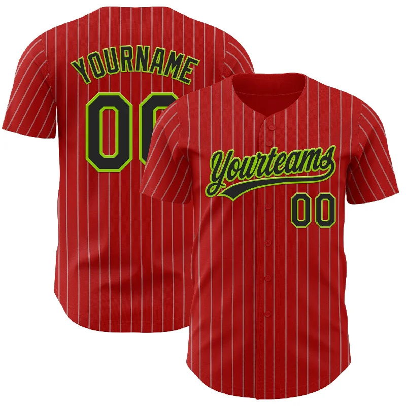 Custom Baseball Jerseys For Holiday Gifts-Custom Red Gray Pinstripe Black-Neon Green Authentic Baseball Jersey