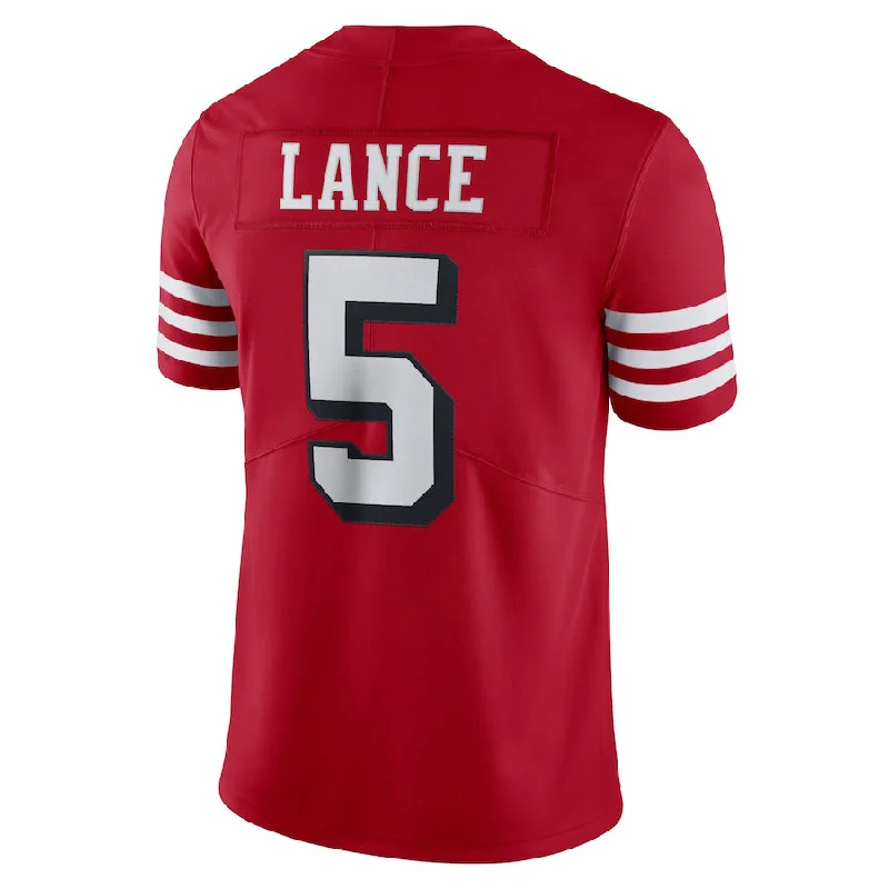 Custom Rugby Jerseys For Competitive Schools-SF.49ers  #5 Trey Lance New Red Black Stitched American Football Jerseys 2022