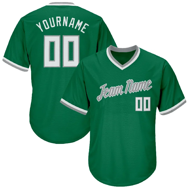 Custom Baseball Jerseys-Custom Kelly Green White-Gray Authentic Throwback Rib-Knit Baseball Jersey Shirt