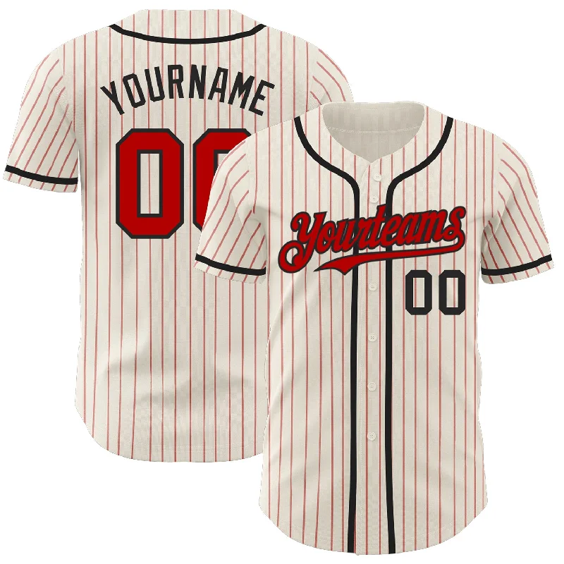 Baseball Jerseys With Custom Sleeve Printing-Custom Cream Red Pinstripe Black Authentic Baseball Jersey