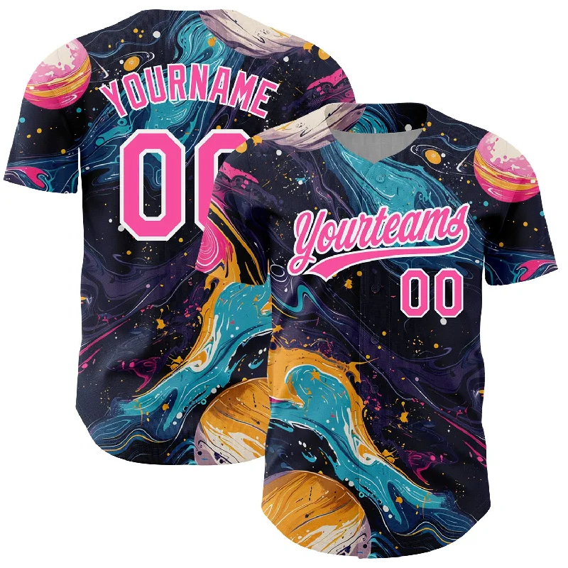 Baseball Jerseys With Custom Colors-Custom Black Pink-White 3D Pattern Design Abstract Liquid Painting Authentic Baseball Jersey