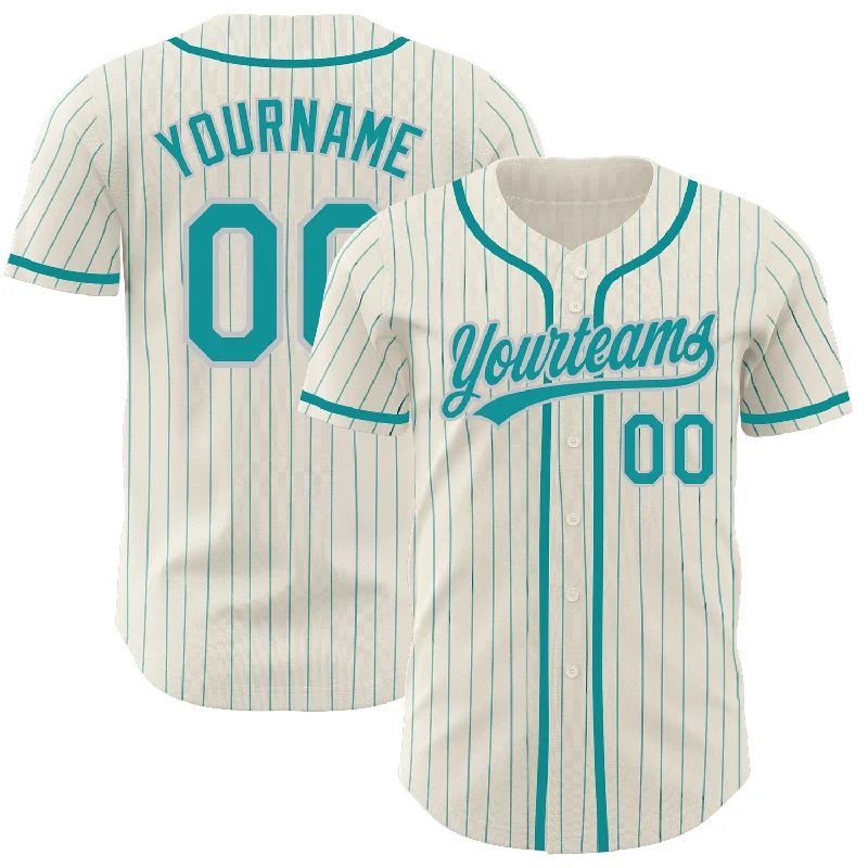 Custom Baseball Jerseys With Graphics & Emblems-Custom Cream Teal Pinstripe Teal-Gray Authentic Baseball Jersey