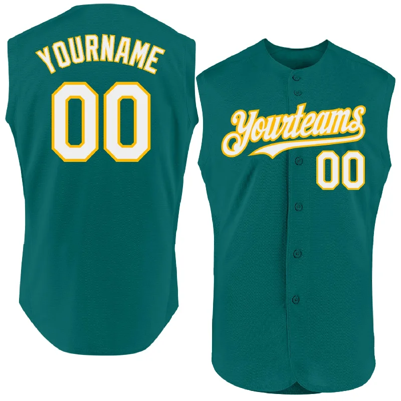 Baseball Jerseys For Custom Designs & Printing-Custom Teal White-Gold Authentic Sleeveless Baseball Jersey