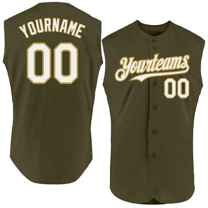 Custom Baseball Jerseys For Youth Competitions-Custom Olive White-Old Gold Authentic Sleeveless Salute To Service Baseball Jersey