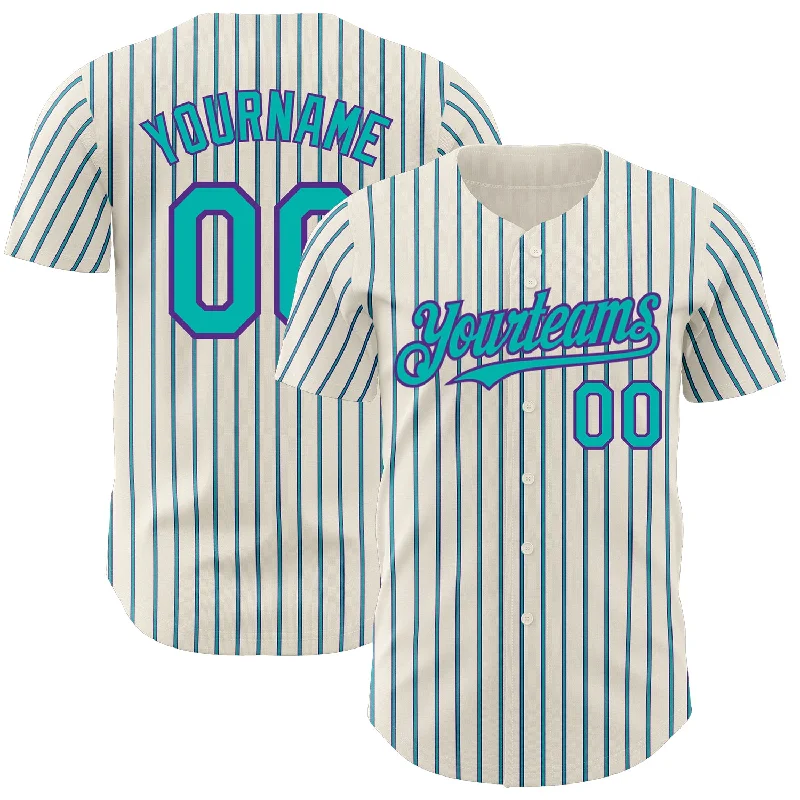 Baseball Jerseys For Youth Teams & Leagues-Custom Cream (Purple Aqua Pinstripe) Aqua-Purple Authentic Baseball Jersey