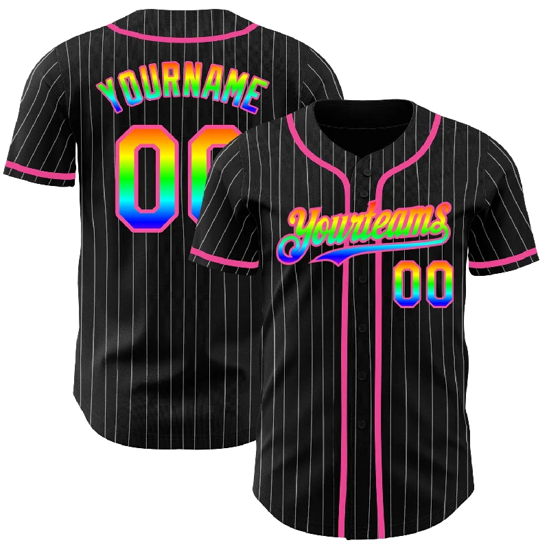 Custom Baseball Jerseys For Global Competitions-Custom Black White Pinstripe Rainbow-Pink 3D Authentic Baseball Jersey