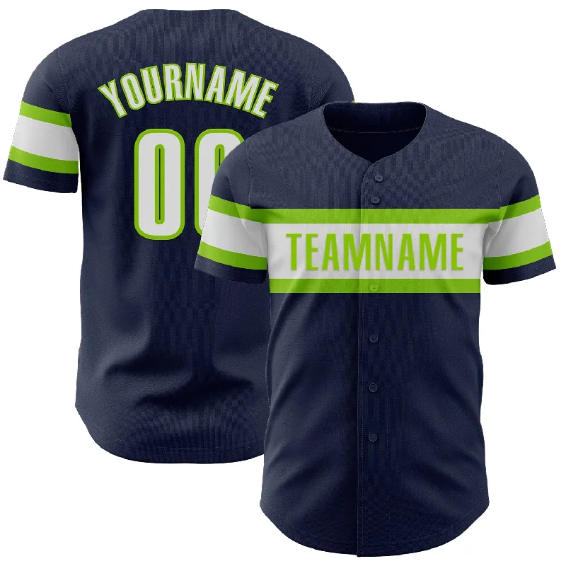 Personalized Baseball Jerseys For Tournament Winners-Custom Navy White-Neon Green Authentic Baseball Jersey