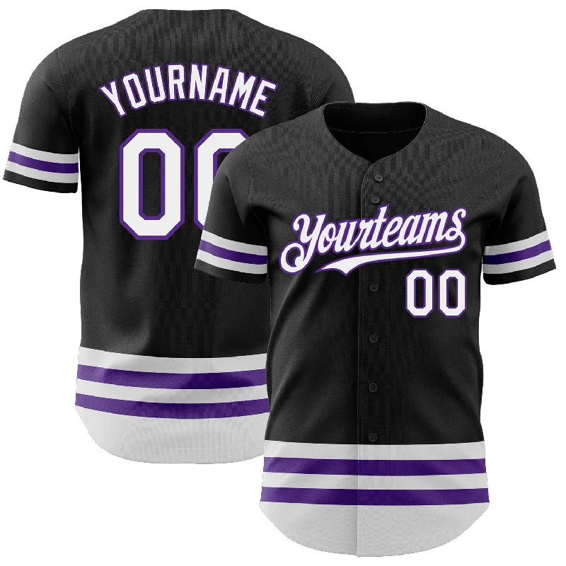 Custom Baseball Jerseys With Sponsor Logos-Custom Black White-Purple Line Authentic Baseball Jersey