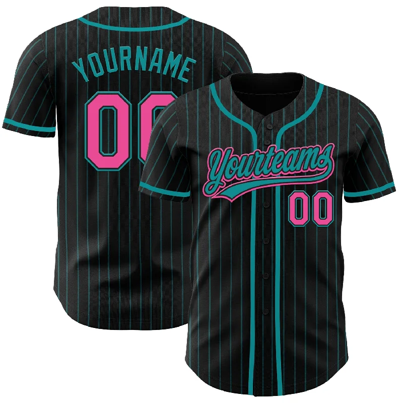 Custom Baseball Jerseys For Special League Events-Custom Black Teal Pinstripe Pink Authentic Baseball Jersey