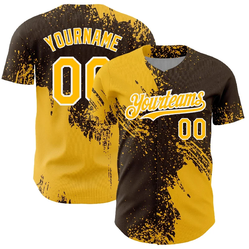 Personalized Baseball Jerseys-Custom Gold Brown-White 3D Pattern Design Abstract Brush Stroke Authentic Baseball Jersey