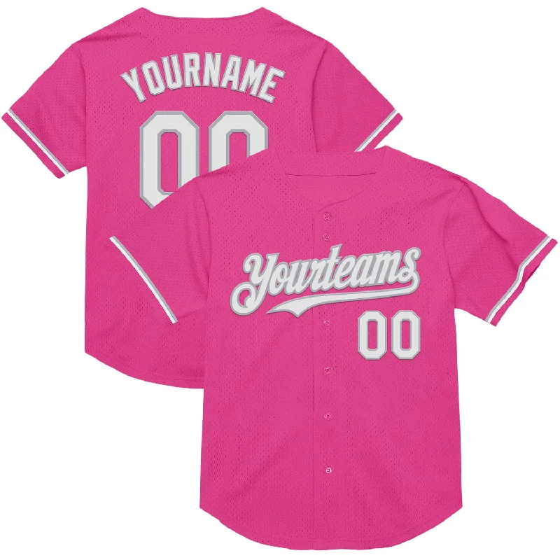 Custom Baseball Jerseys For Competitive Sports-Custom Pink White-Gray Mesh Authentic Throwback Baseball Jersey