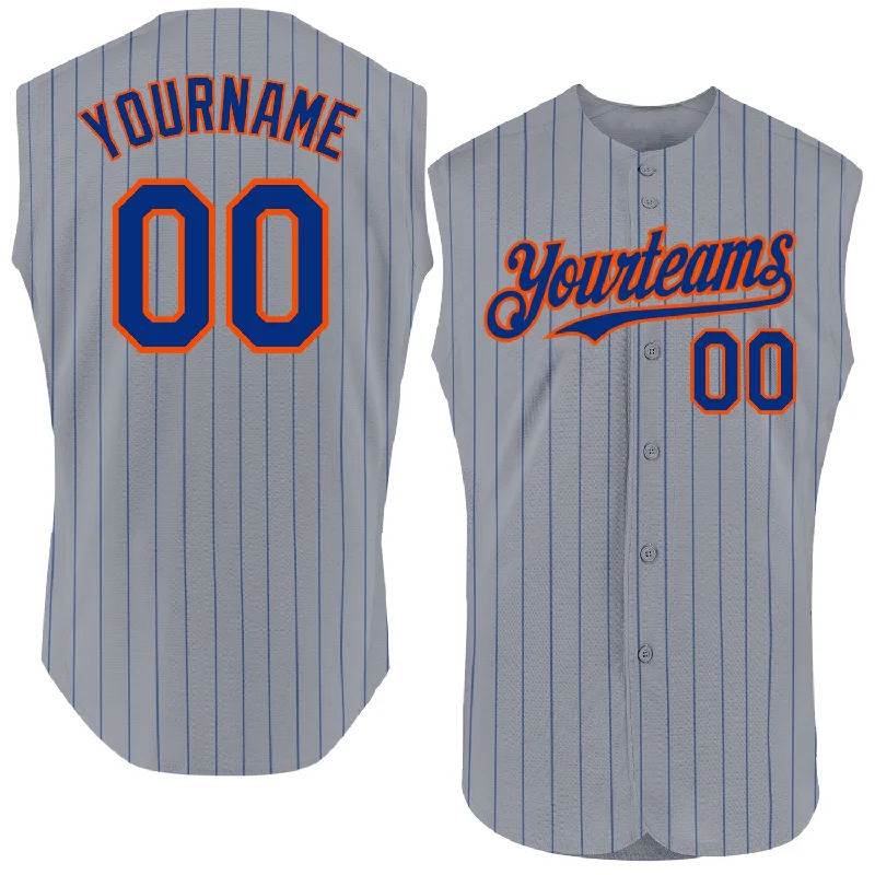 Personalized Baseball Jerseys For Special Recognitions-Custom Gray Royal Pinstripe Orange Authentic Sleeveless Baseball Jersey