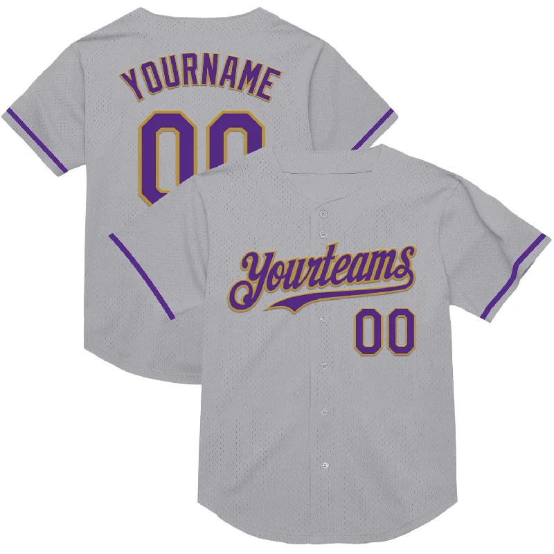 Personalized Baseball Jerseys For Supporters-Custom Gray Purple-Old Gold Mesh Authentic Throwback Baseball Jersey