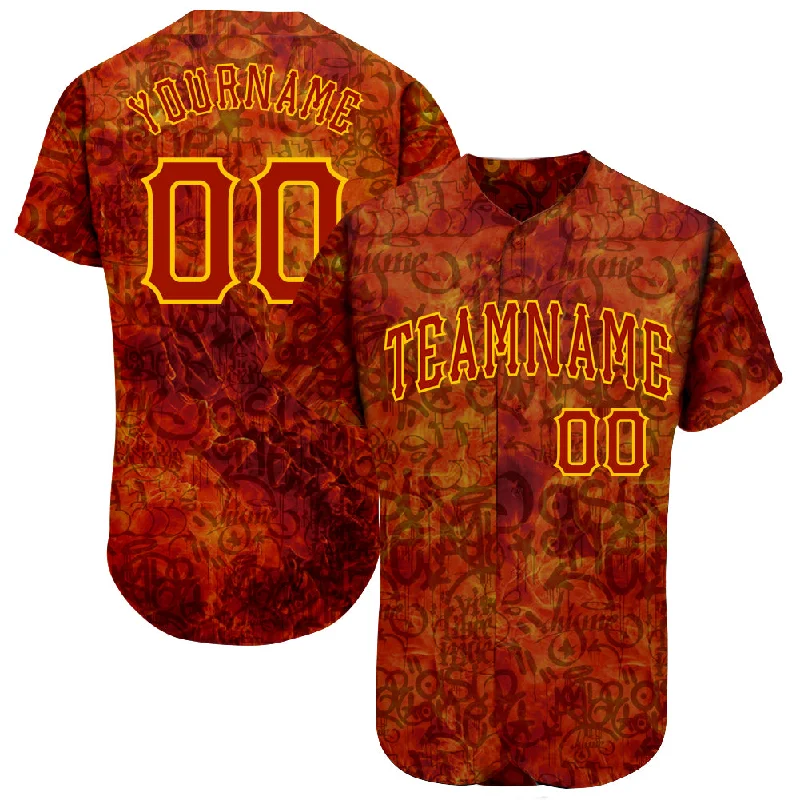 Personalized Baseball Jerseys For Competitive Teams-Custom Graffiti Pattern Red-Gold 3D Fire Authentic Baseball Jersey