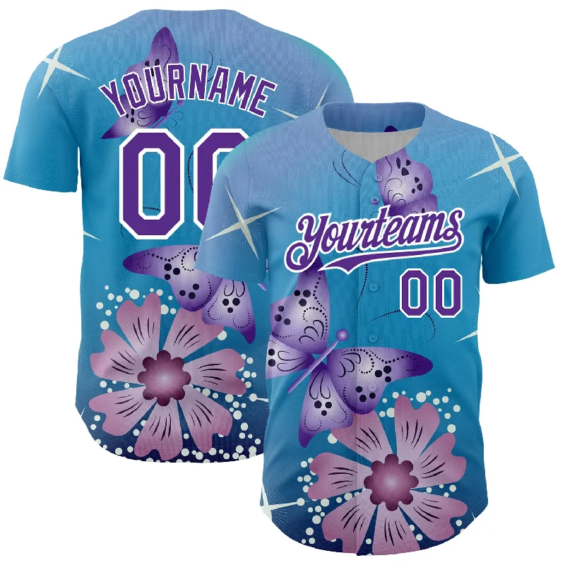 Baseball Jerseys With Custom Names-Custom Light Blue Purple-White 3D Pattern Design Animal Butterfly And Flower Authentic Baseball Jersey