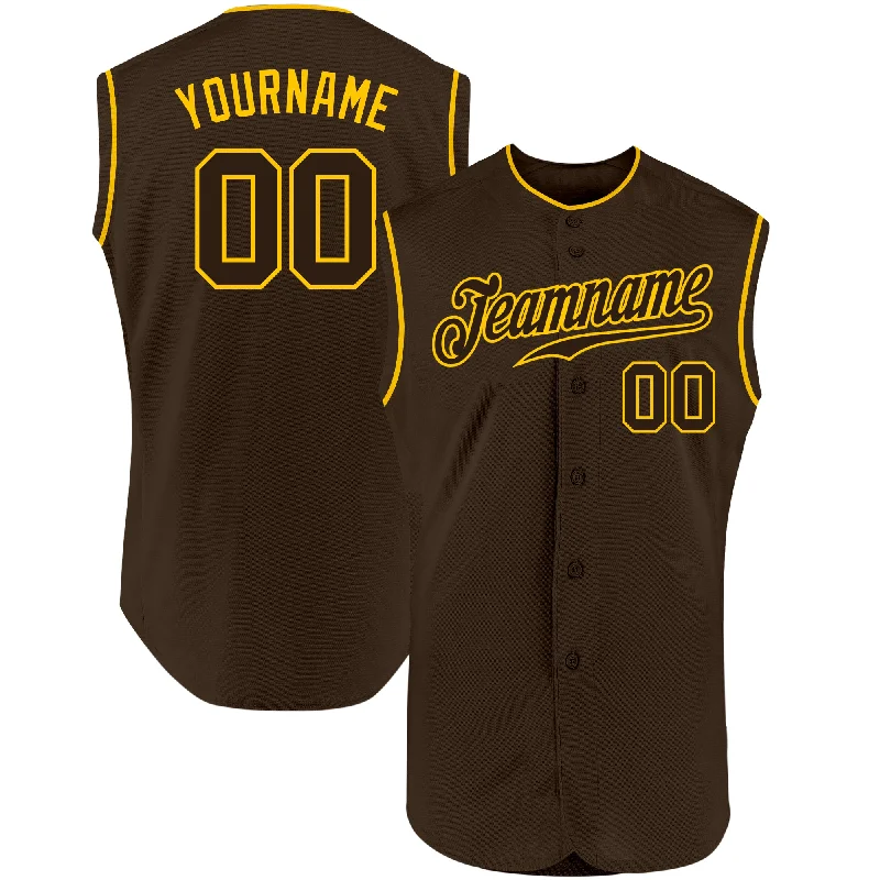 Personalized Baseball Jerseys For Families-Custom Brown Brown-Gold Authentic Sleeveless Baseball Jersey