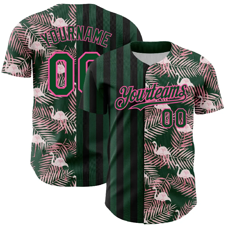 Custom Baseball Jerseys For Sports Camps-Custom Green Pink-Black 3D Pattern Design Tropical Palm Leaves And Famingo Authentic Baseball Jersey