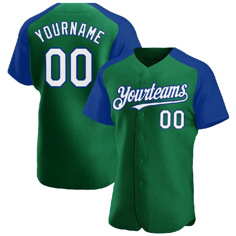 Custom Baseball Jerseys For Special Occasions-Custom Kelly Green White-Royal Authentic Raglan Sleeves Baseball Jersey