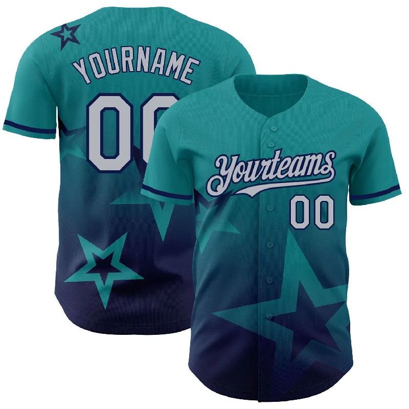 Baseball Jerseys For Custom Player Apparel-Custom Teal Gray-Navy 3D Pattern Design Gradient Style Twinkle Star Authentic Baseball Jersey