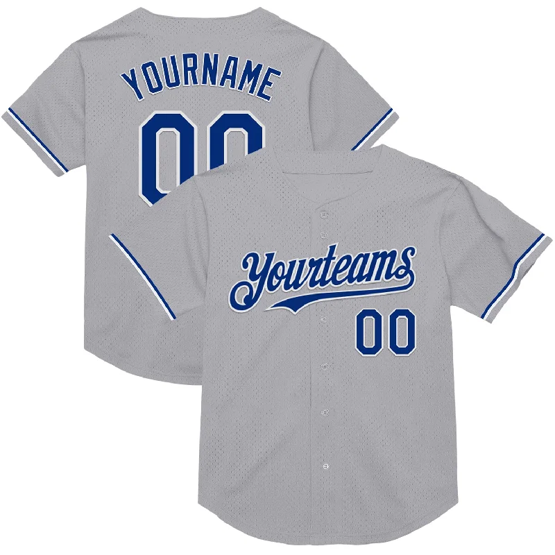 Baseball Jerseys With Player Numbers-Custom Gray Royal-White Mesh Authentic Throwback Baseball Jersey