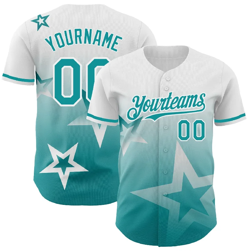 Personalized Baseball Jerseys For Special Anniversaries-Custom White Teal 3D Pattern Design Gradient Style Twinkle Star Authentic Baseball Jersey