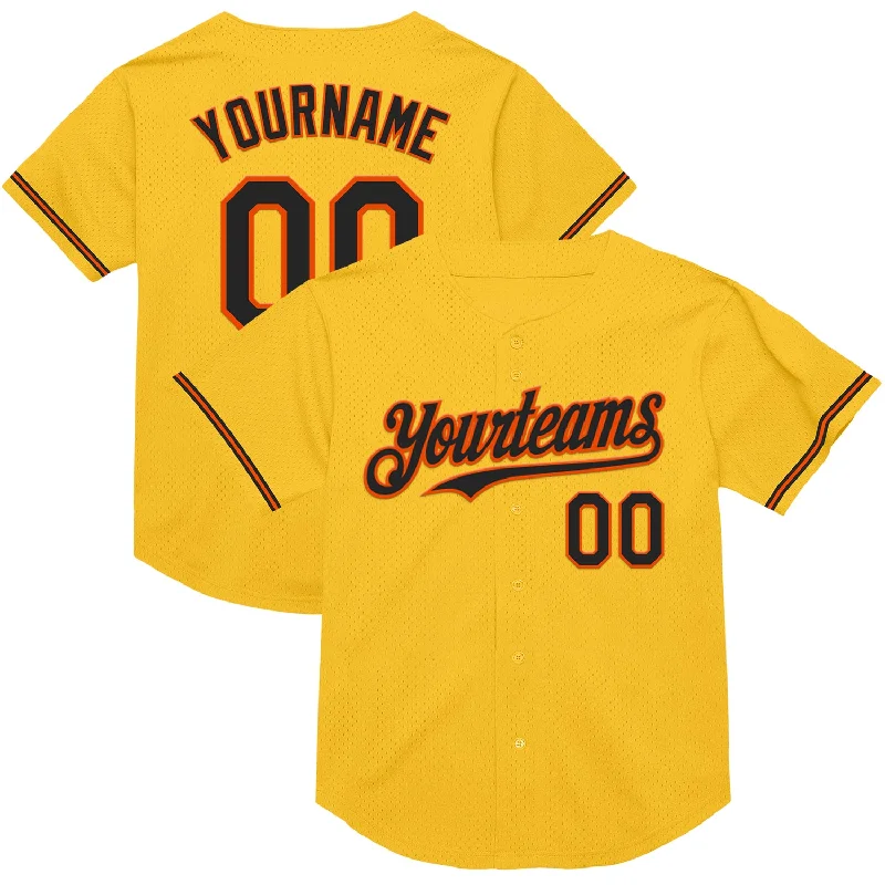 Baseball Jerseys With Custom Colors-Custom Gold Black-Orange Mesh Authentic Throwback Baseball Jersey