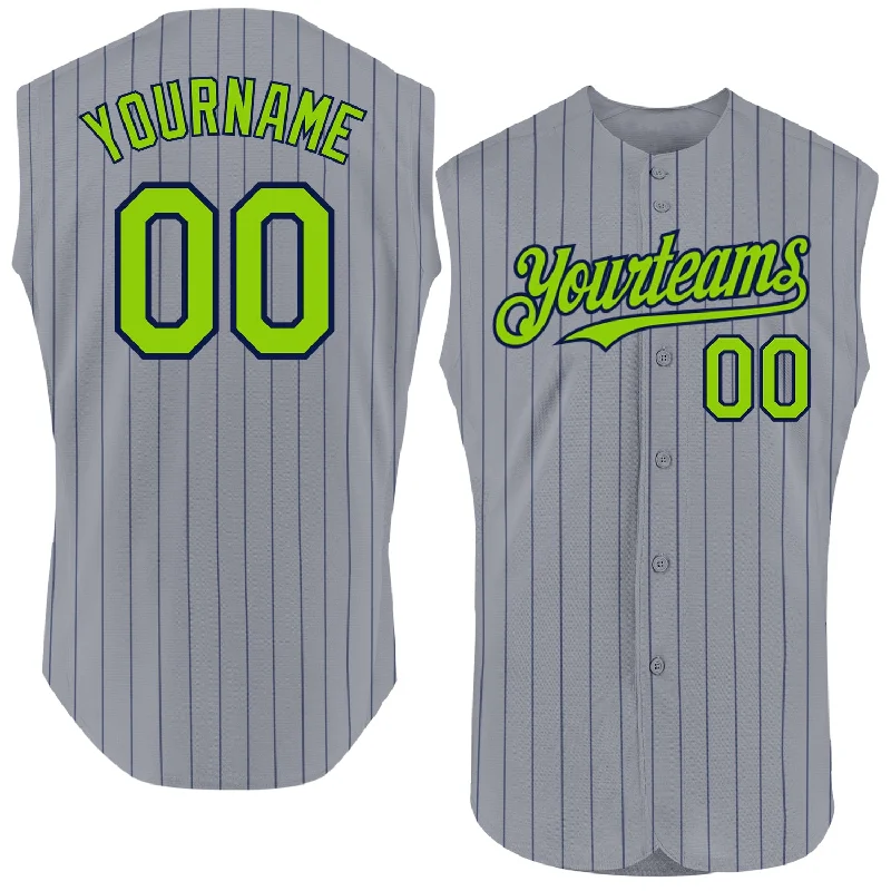 Custom Baseball Jerseys For High School Teams-Custom Gray Navy Pinstripe Neon Green Authentic Sleeveless Baseball Jersey