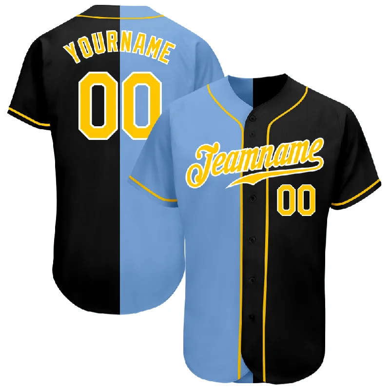 Baseball Jerseys For Sponsorship Recognition-Custom Black Gold-Light Blue Authentic Split Fashion Baseball Jersey