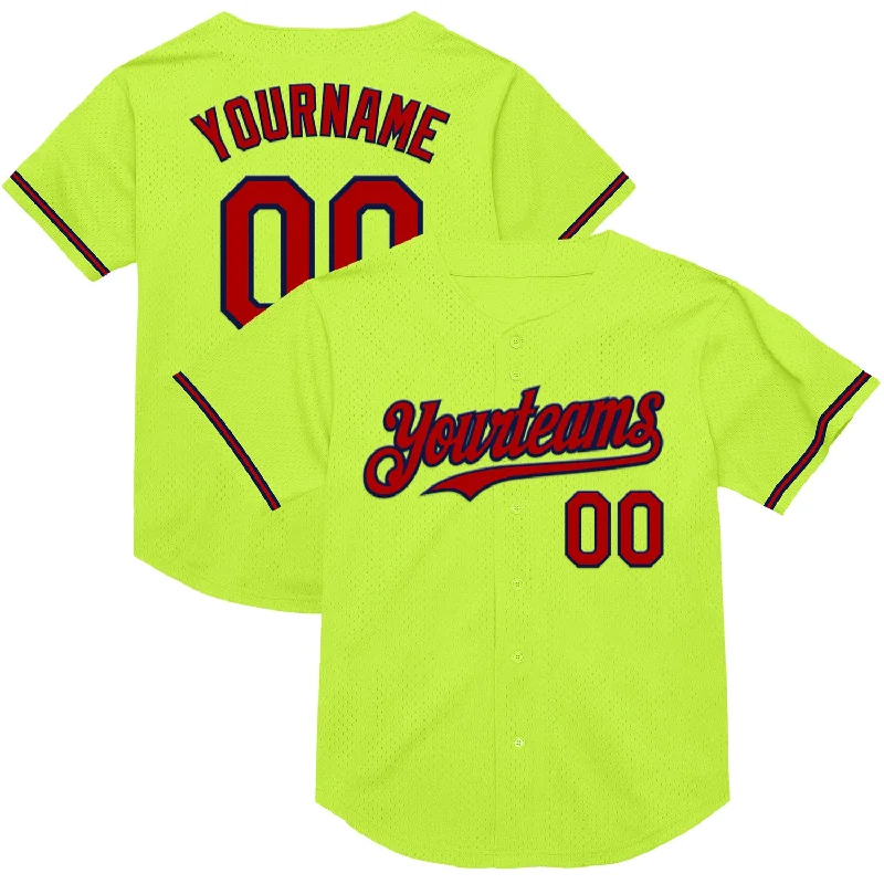 Baseball Jerseys With Custom Names-Custom Neon Green Red-Navy Mesh Authentic Throwback Baseball Jersey