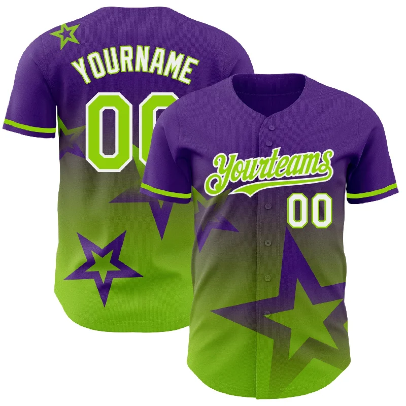 Personalized Baseball Jerseys For Birthday Gifts-Custom Purple Neon Green-White 3D Pattern Design Gradient Style Twinkle Star Authentic Baseball Jersey