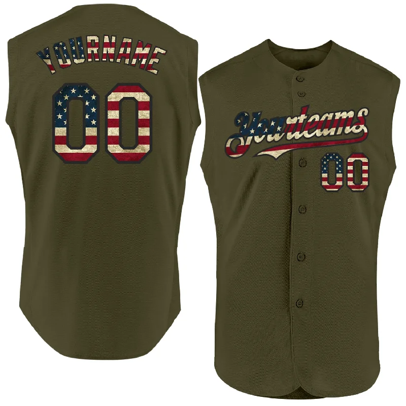 Baseball Jerseys For Team Building Events-Custom Olive Vintage USA Flag-Black Authentic Sleeveless Salute To Service Baseball Jersey